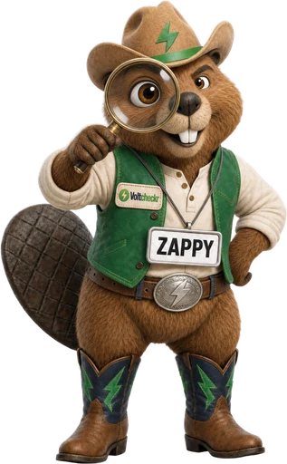 Zappy the Voltcheckr beaver inspecting fine print with a magnifying glass